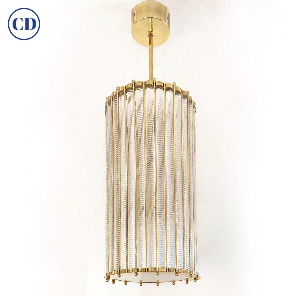 Italian Tall Crystal Twisted Murano Glass Brass Lantern Pendant / Chandelier