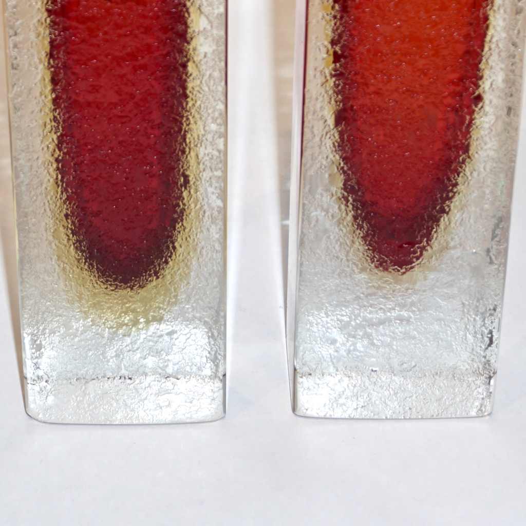 1950 Italian Pair of Organic Crystal, Yellow & Red Murano Art Glass Flower Vases - Cosulich Interiors & Antiques