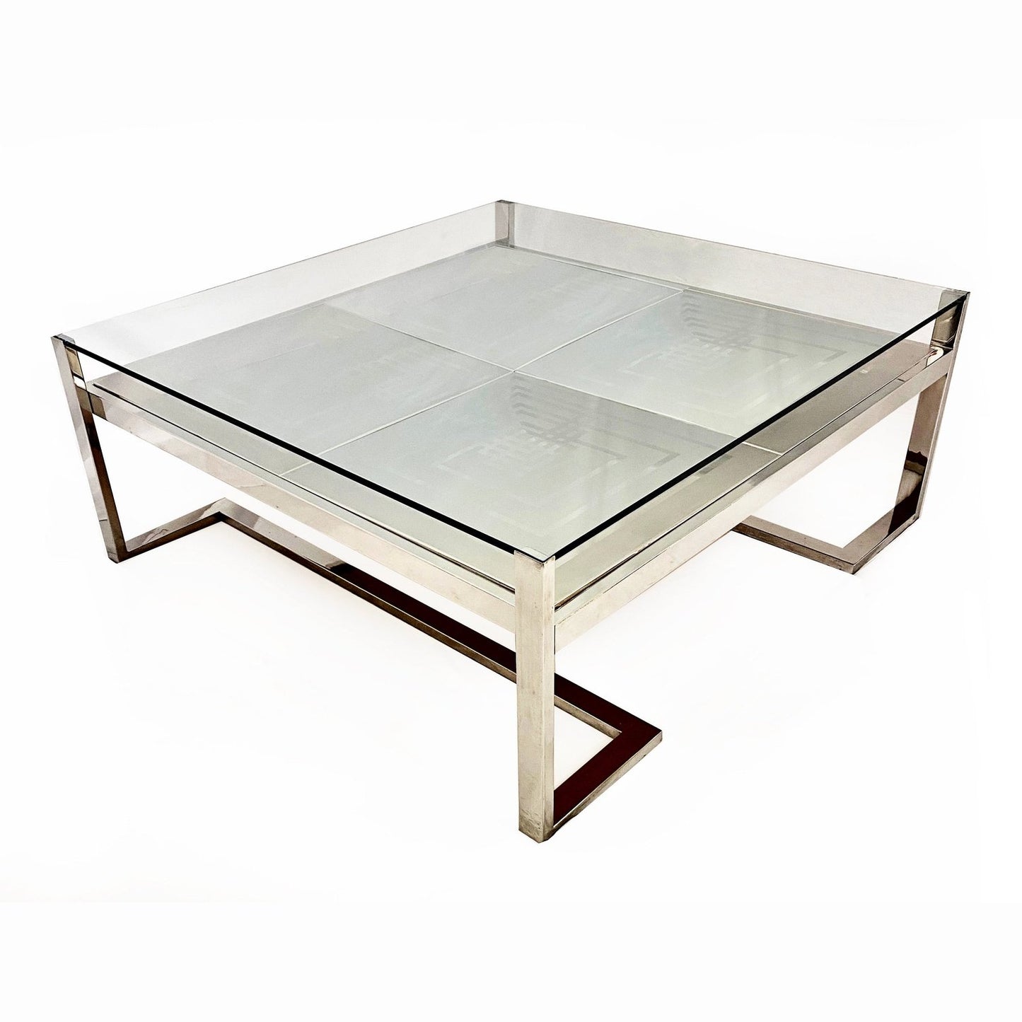 Romeo Rega Italian Geometric Decor Clear Glass Chrome 2 Tier Coffee Sofa Table