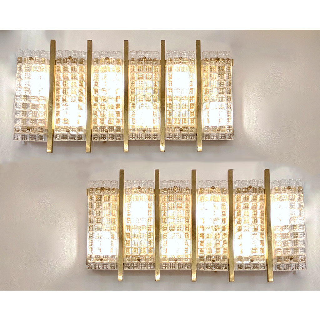 1970s Italian Large Rectangular Brass and Clear Murano Glass Sconces