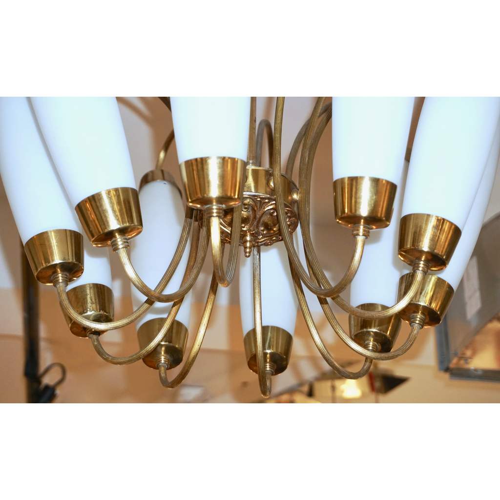 1950s Italian Vintage Stilnovo Style White Glass 10-light Brass Chandelier - Cosulich Interiors & Antiques