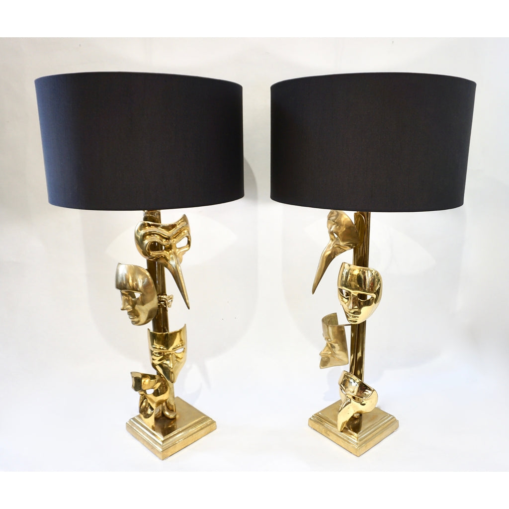 One of a Kind Italian Pair Deco Modern Art Lamps with Cast Brass Carnival Masks
