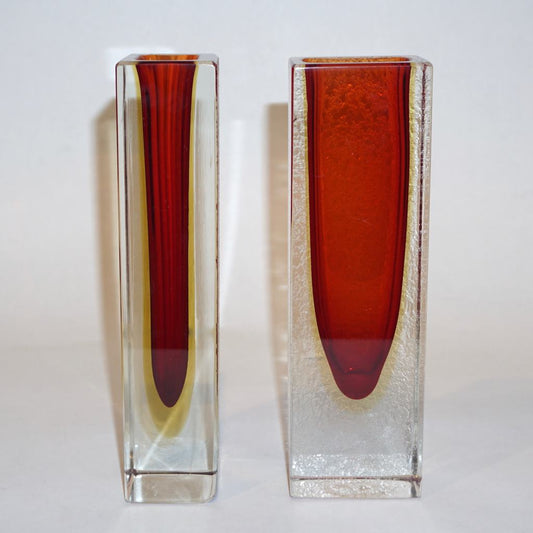 1950 Italian Pair of Organic Crystal, Yellow & Red Murano Art Glass Flower Vases - Cosulich Interiors & Antiques