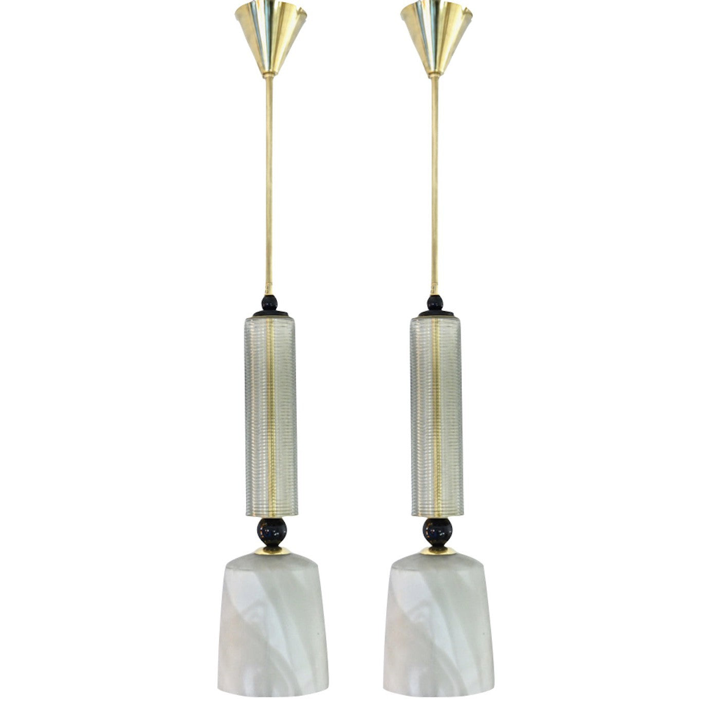 Contemporary Modern Crystal Black and Alabaster Murano Glass Brass Pendant Light