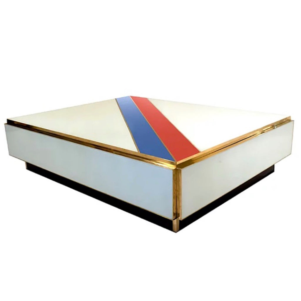 Custom Italian Art Design 2-Drawer Red Blue Stripe White Glass Low Coffee Table