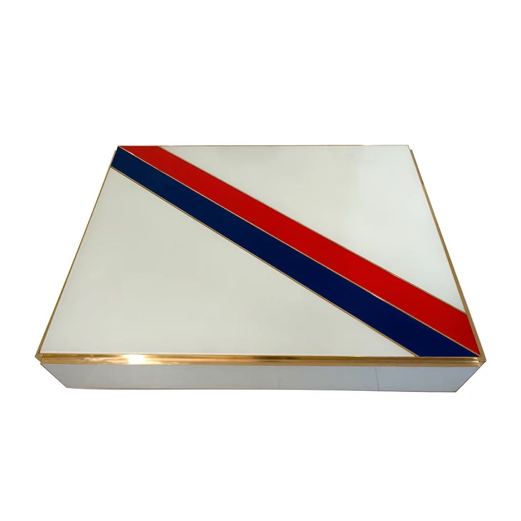 Custom Italian Art Design 2-Drawer Red Blue Stripe White Glass Low Coffee Table