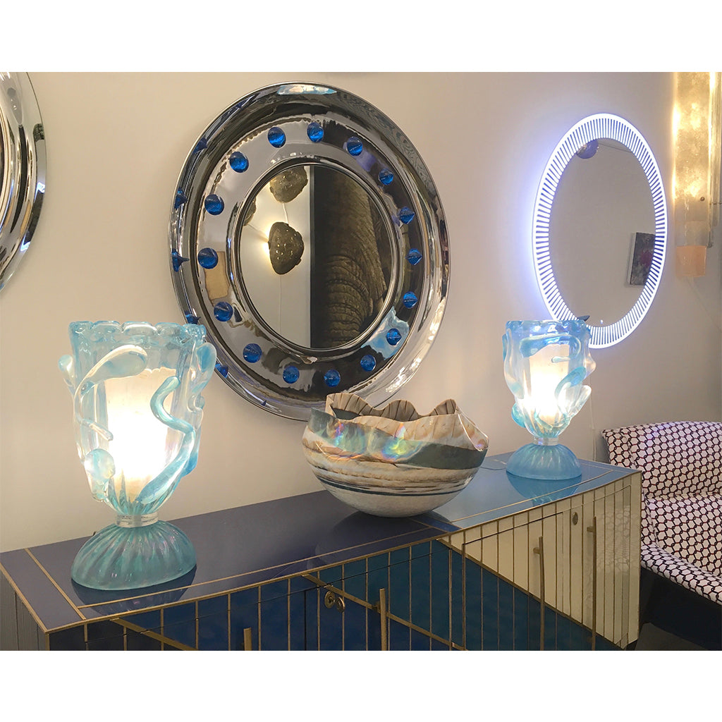 Contemporary Italian Modern Chromed Round Wall Mirror with Jewel Like Blue Glass Rocks