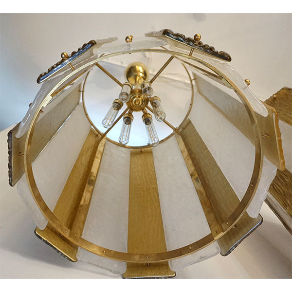 Bespoke Modern Art Deco Italian Gold White Murano Glass Brass Lantern/Chandelier