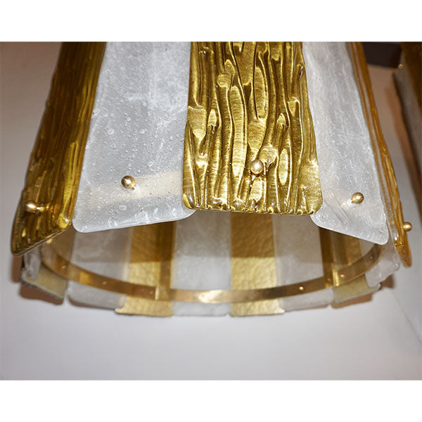 Bespoke Modern Art Deco Italian Gold White Murano Glass Brass Lantern/Chandelier