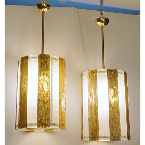 Bespoke Modern Art Deco Italian Gold White Murano Glass Brass Lantern/Chandelier