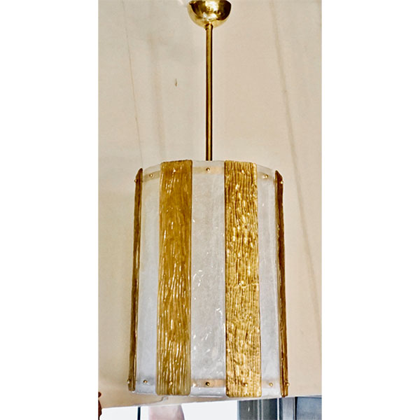 Bespoke Modern Art Deco Italian Gold White Murano Glass Brass Lantern/Chandelier