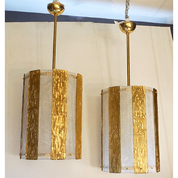 Bespoke Modern Art Deco Italian Gold White Murano Glass Brass Lantern/Chandelier