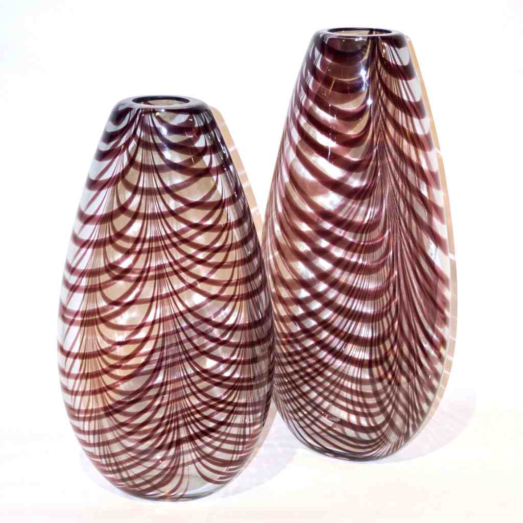 Formia 1970s Two Fenicio Feather Decorated Purple Brown Murano Art Glass Vases - Cosulich Interiors & Antiques